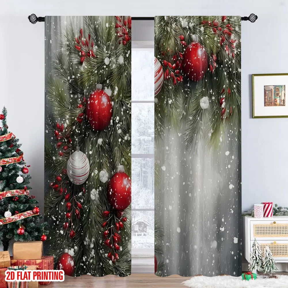 2 قطعة 2D الطباعة المسطحة عيد الميلاد المشهد الستائر عيد الميلاد الصنوبر إبرة كرة الثلج الأحمر طباعة نطاق وأنيق 100% ألياف البوليستر #6