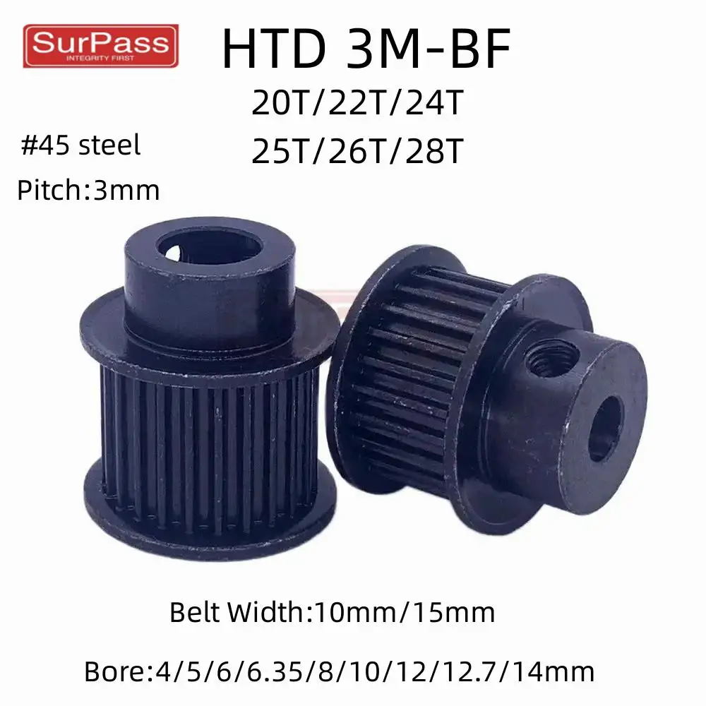 HTD 3M 20T-28 Teeth Black Steel Synchronous Wheels Bore 4-14mm BF Type Keyway Bore 3x1.4/4x1.8mm Timing Belt Width 10/15mm