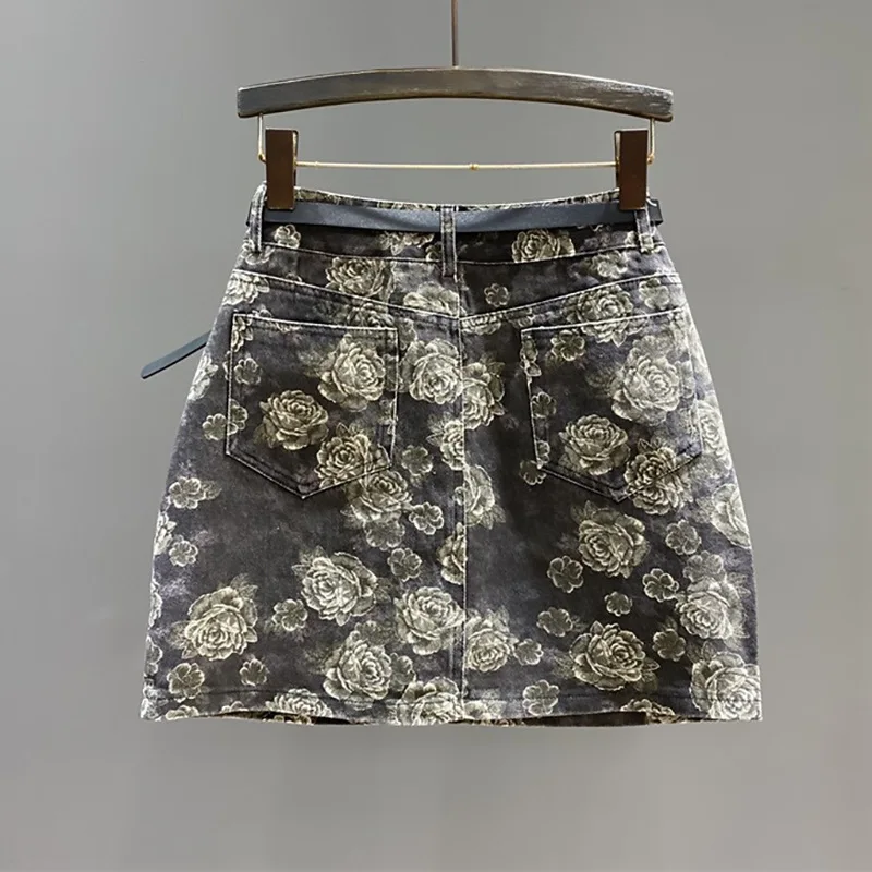 [ZOCI] Summer New Floral Print Pattern Denim Rose Red High Waisted A-line Hip Hugging Skirt, Short Skirt