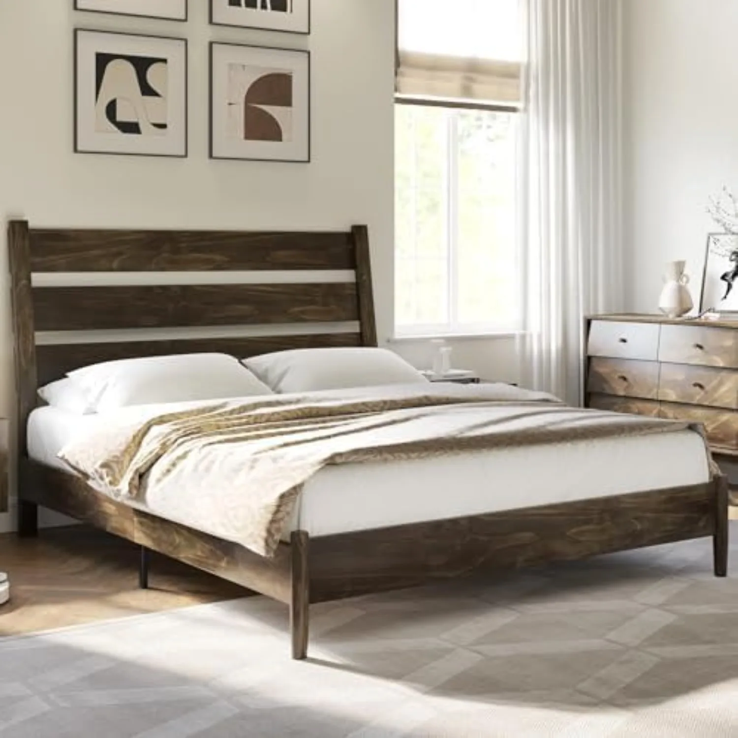 Marco de cama Queen de madera maciza, cama con plataforma de mediados de siglo con cabecero de láminas reclinable, soporte de listones de madera/no necesita somier