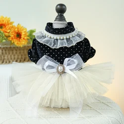 1PC Pet Clothing Dog Autumn and Winter Black Velvet Dotted Princess Wedding Dress  With Drawstring Buckle For Small Medium Dogs