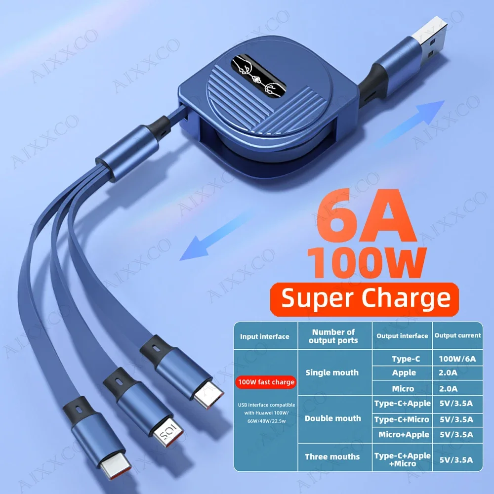 Cavo di ricarica rapido USB tipo C 3 in 1 per iPhone 14 13 12 Pro 11 Cavo di ricarica micro USB C da 100 W per accessori per telefoni Xiaomi