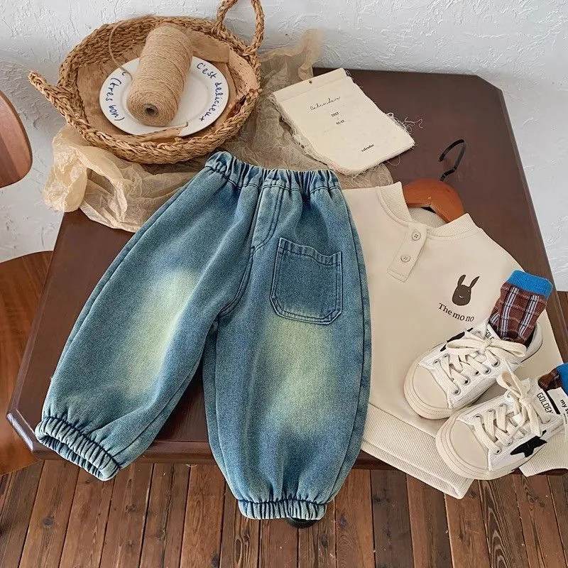 Boys and Girls Winter Jeans Baby Foreign Style Children's Korean Version Thickened Integrated Velvet Tied Feet Harlan Pants