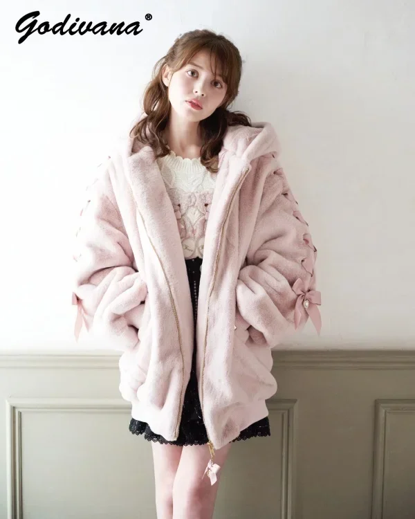 High Quality Japanese Winter Clothes Sweet Cute Mine Cute Rabbit Ear Plush Cotton Coat Jacket Girl Lolita Coats for Women Parkas