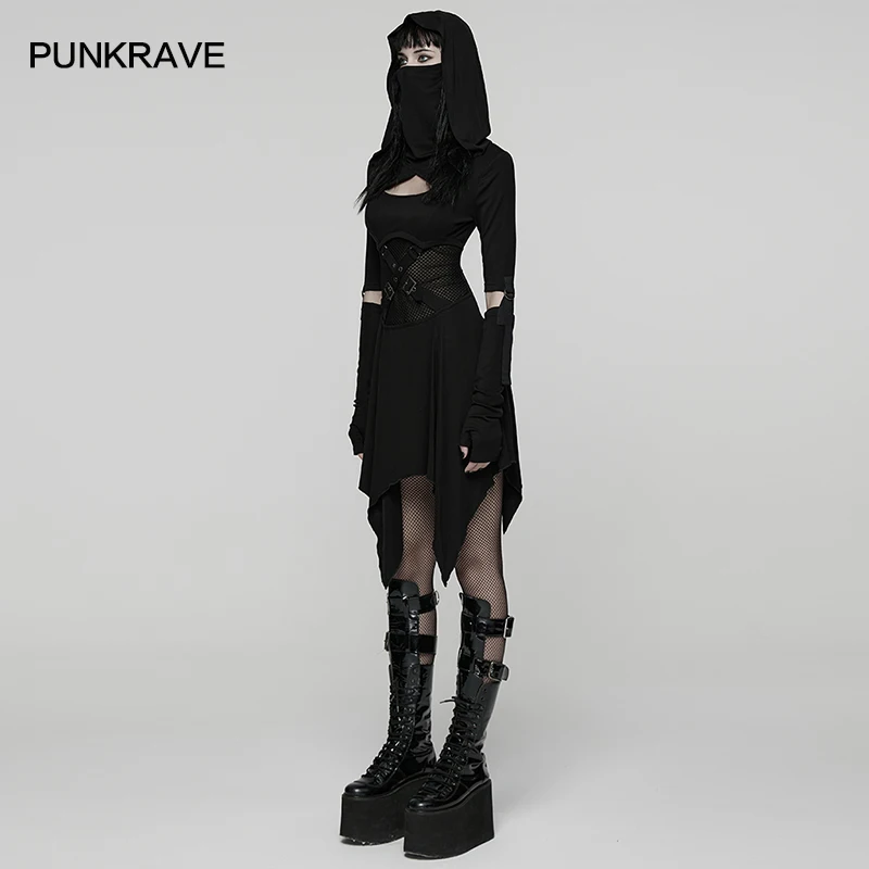 PUNK RAVE Women's Gothic Hooded Turnover Collar Ear-hanging Face Mask Wasteland Dress Post-apocalyptic Club Wild Charm Dresses