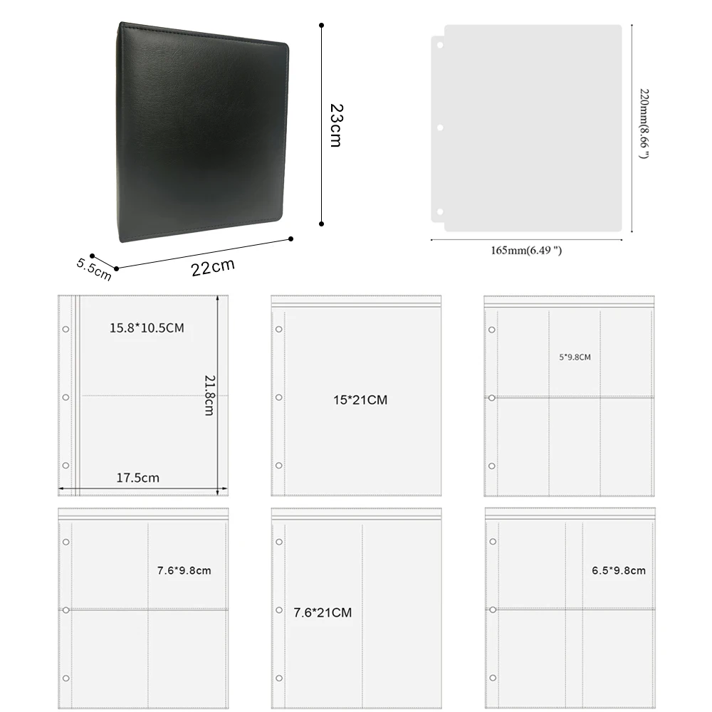 PLRBOK A5-Album photo en cuir PU de qualité supérieure à 3 anneaux, couverture de classeur texturée 256, manchons en plastique PP transparents à