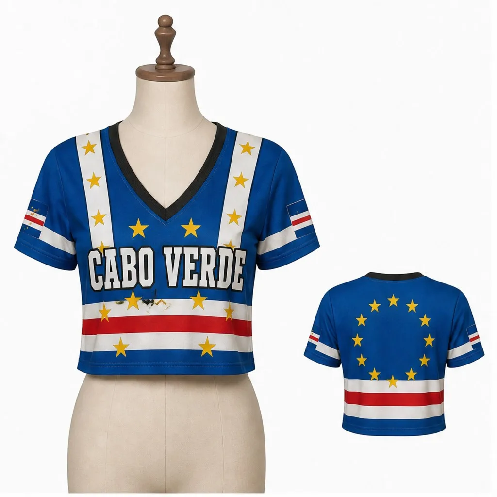 Womens Cape Verde V Neck Short Sleeve Crop Top Stars Stripe Graphic Casual Summer Shirt for Street Travel Holiday Everyday Looks
