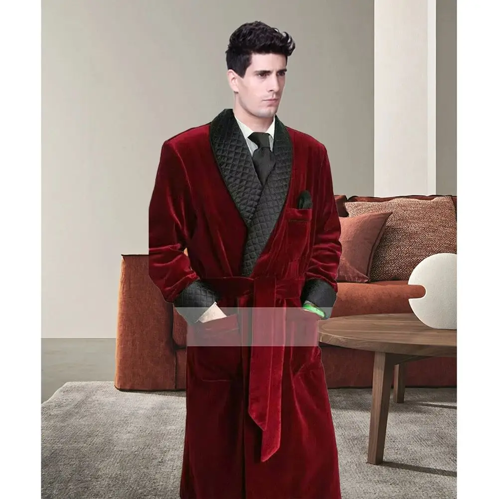 Burgundy Velvet Belt Design Smoking Long Jacket Costume Homme Loose Daily Blazer One Piece
