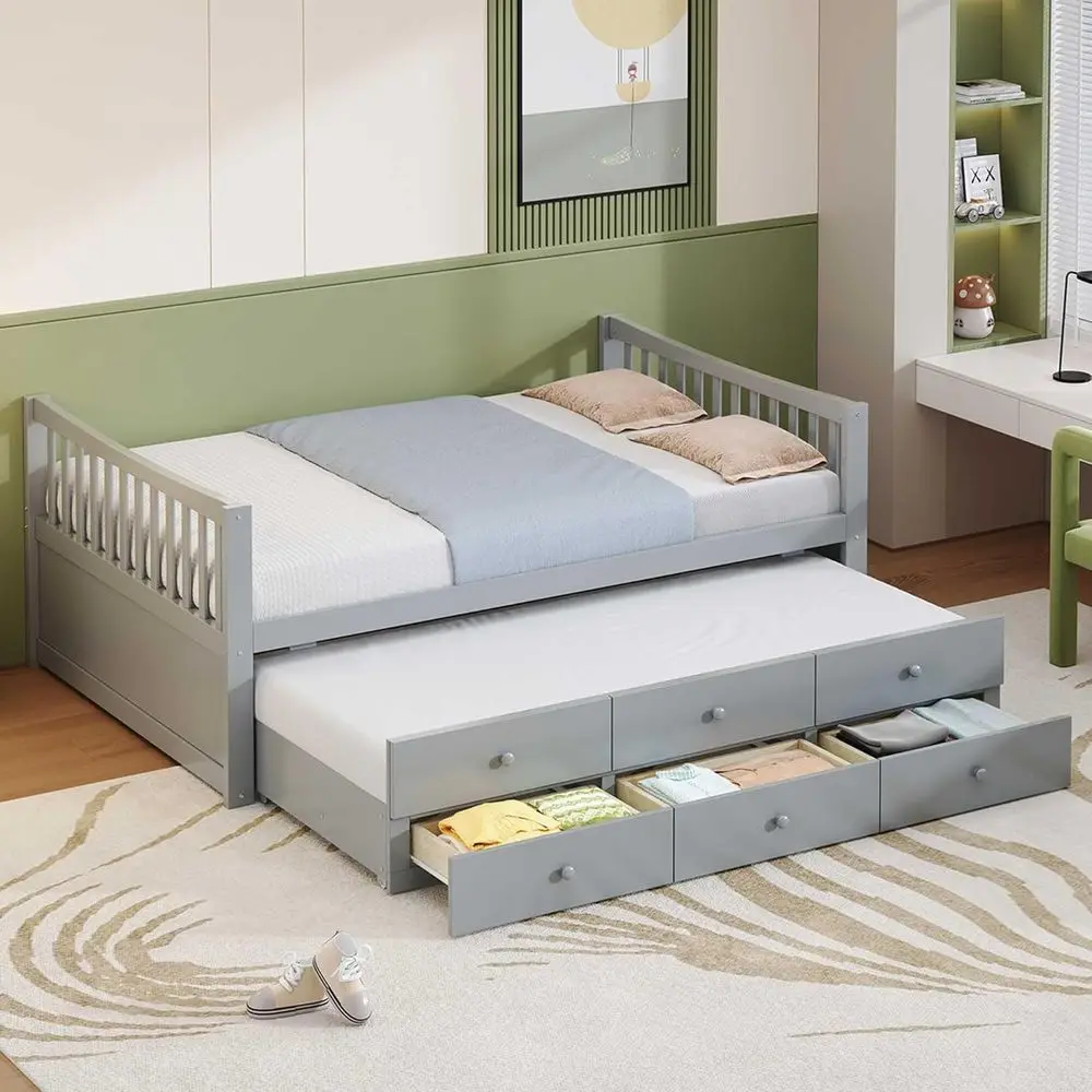 

Кровать Harper & Bright Designs размера Full с выдвижным спальным местом Twin, деревянная кушетка с ламельным основанием для детей, подростков и взрослых, без матраса.