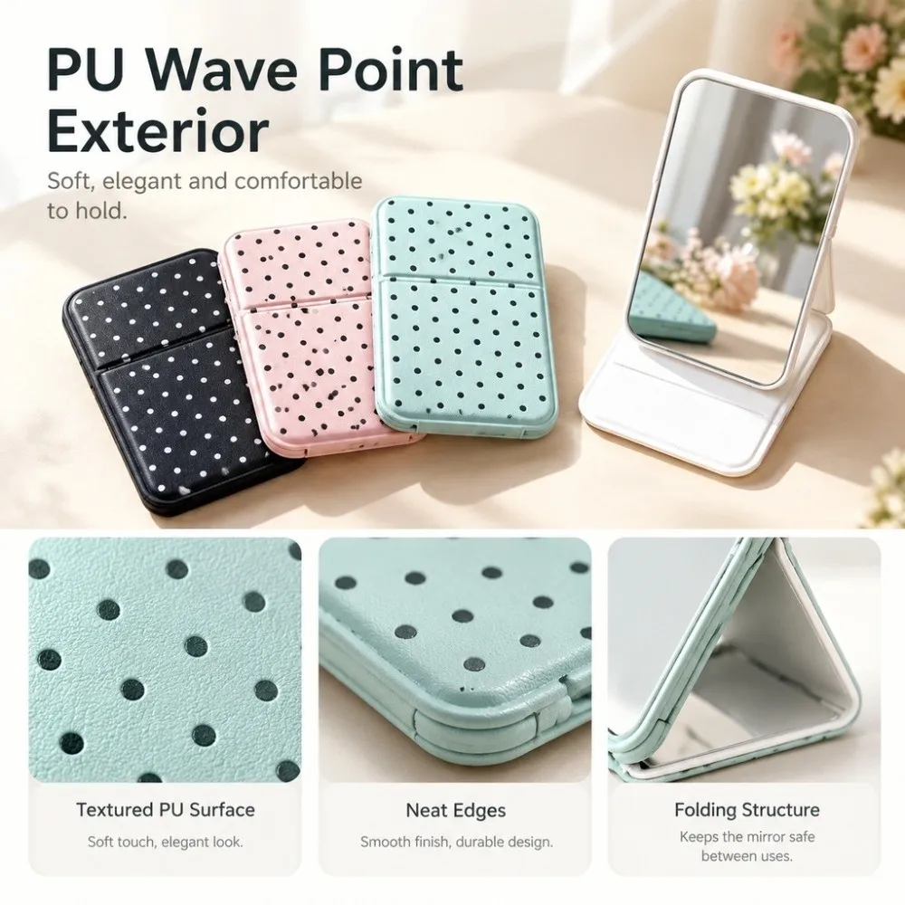 Portable Polka dot pattern Makeup Mirror Mini PU Leather Pocket Mirror Foldable PortbaleVanity Mirror Desktop Use