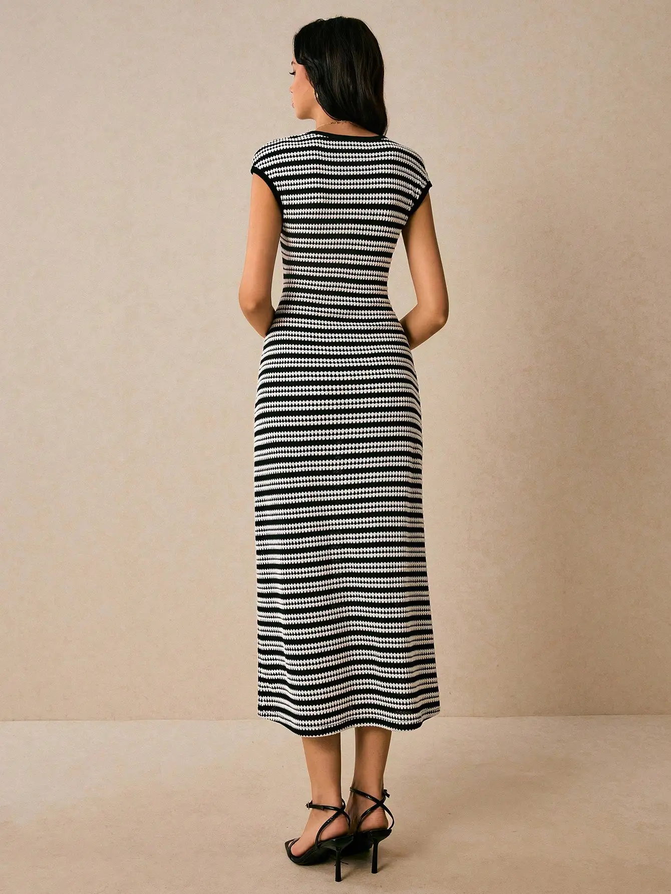 

Women's Casual Striped Round Neck Cap Sleeve Midi Dress Summer