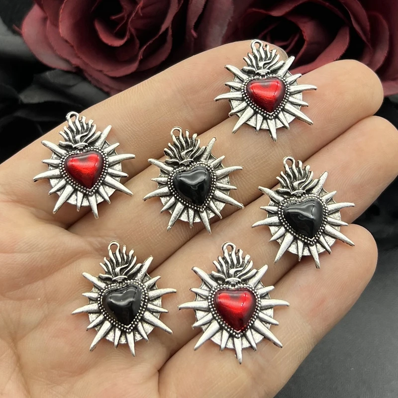 6pcs Flaming Sacred Heart Charms Enamel Thorns Sacred Heart Pendant Designer Charms Fit Jewelry Making DIY Jewelry Findings