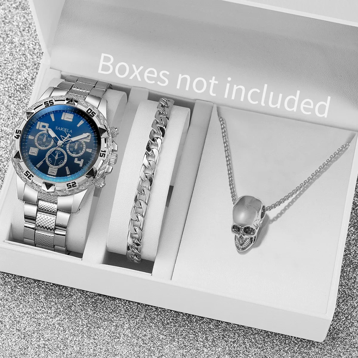 เซ็ตนาฬิกาปริศนาเซอร์ไพรส์กล่องตาบอด-3 ชิ้น/เซ็ตนาฬิกาธุรกิจผู้ชายแฟชั่นสายเหล็กนาฬิกาควอตซ์ชุดเครื่องประดับ (ไม่มีกล่อง)