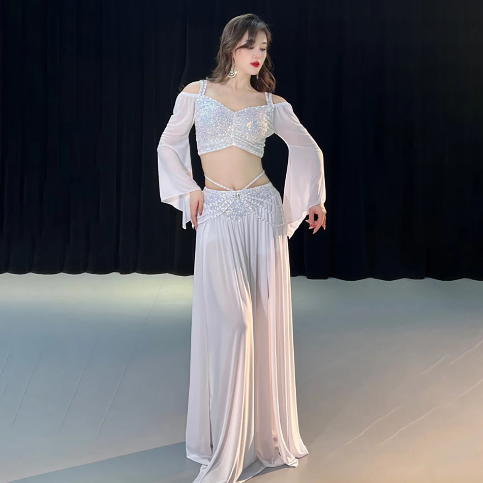 Conjunto de traje de dança do ventre, roupa superior e saia com lantejoulas, malha de primavera para mulheres adultas, performance de palco, roupas