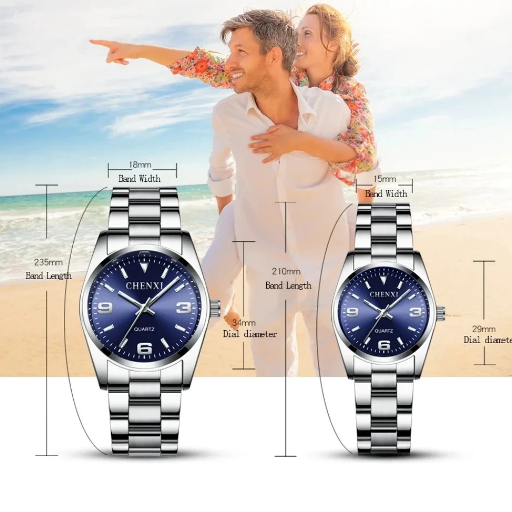 CHENXI 003A 커플 시계 패션 비즈니스 포인터 야광 방수 스틸 스트랩 시계 남녀 연인 데이트 시계