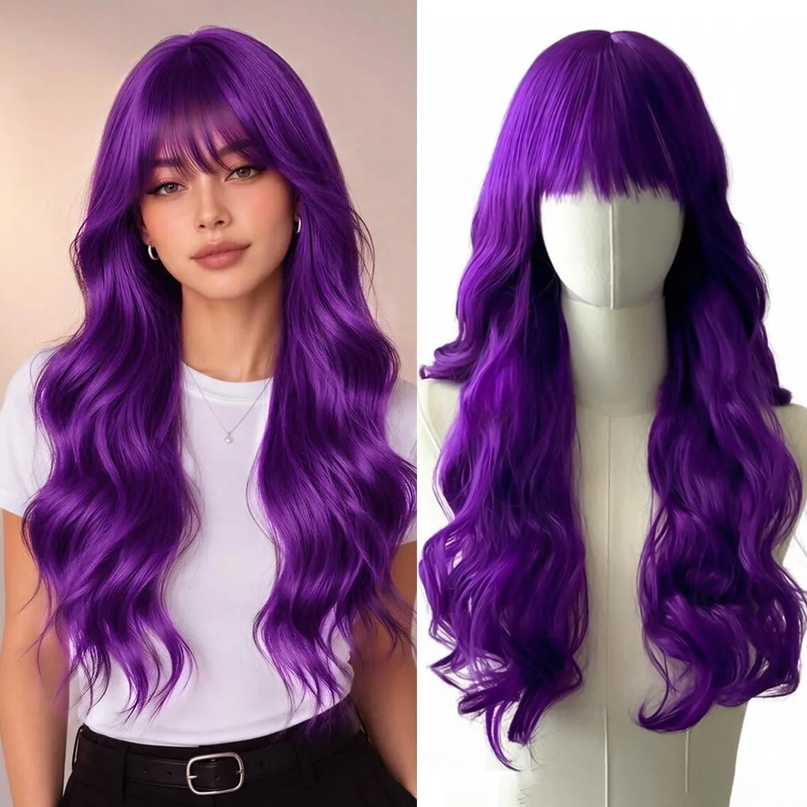 Purple Wavy Hairdo Synthetic Wig with Fringe, Halloween Cosplay Character Costume Wig, Daily Wig, Hot-Pressed Hairdo Wig Set