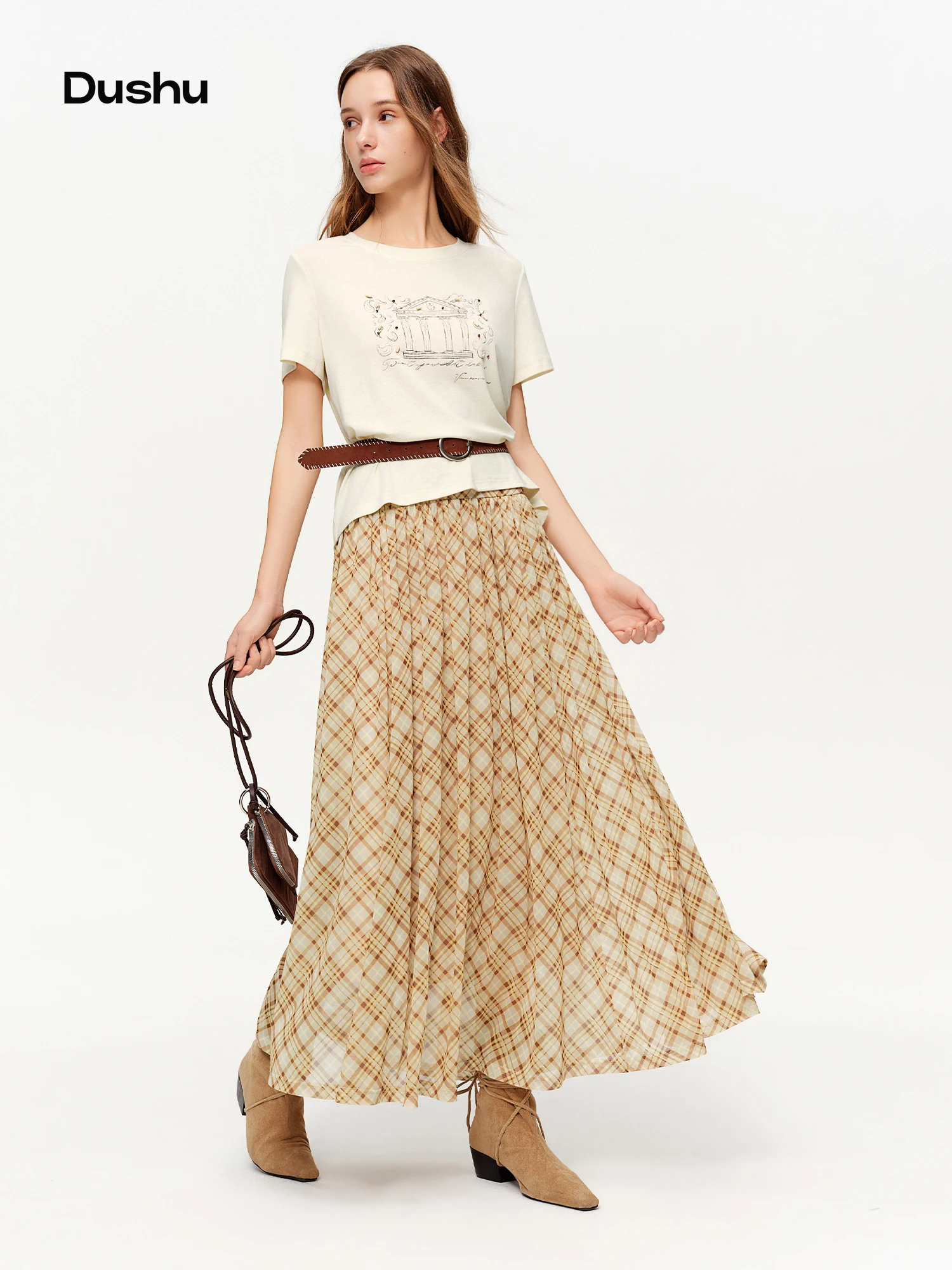 DUSHU Brown Retro Plaid Mesh Midi Skirt 2026 Spring New Arrival Fashionable Long A-line Skirt Romantic Holiday Urban Style