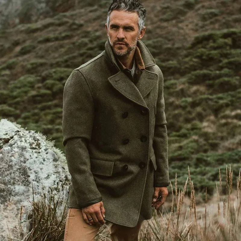 Men's Woolen Coat Autumn Winter Woolen Material Jacket Thickened Long Double-Breasted Jacket