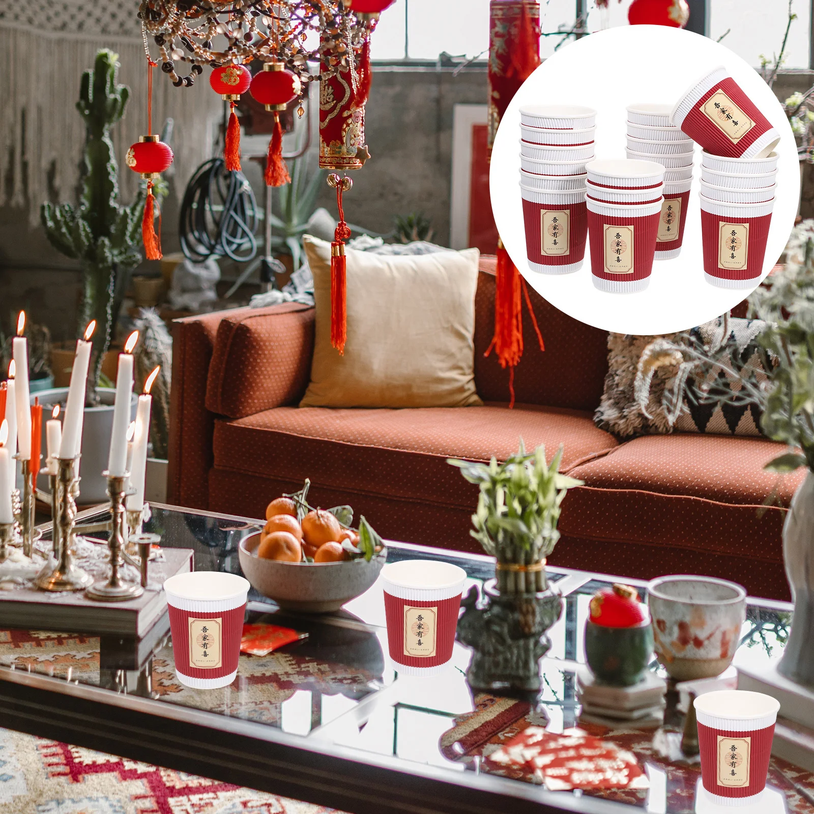 

20Pcs Disposable Wedding Cups Chinese Style Paper Drinkware Banquet Cups for Wedding Party Beverage Serving Banquet Cup