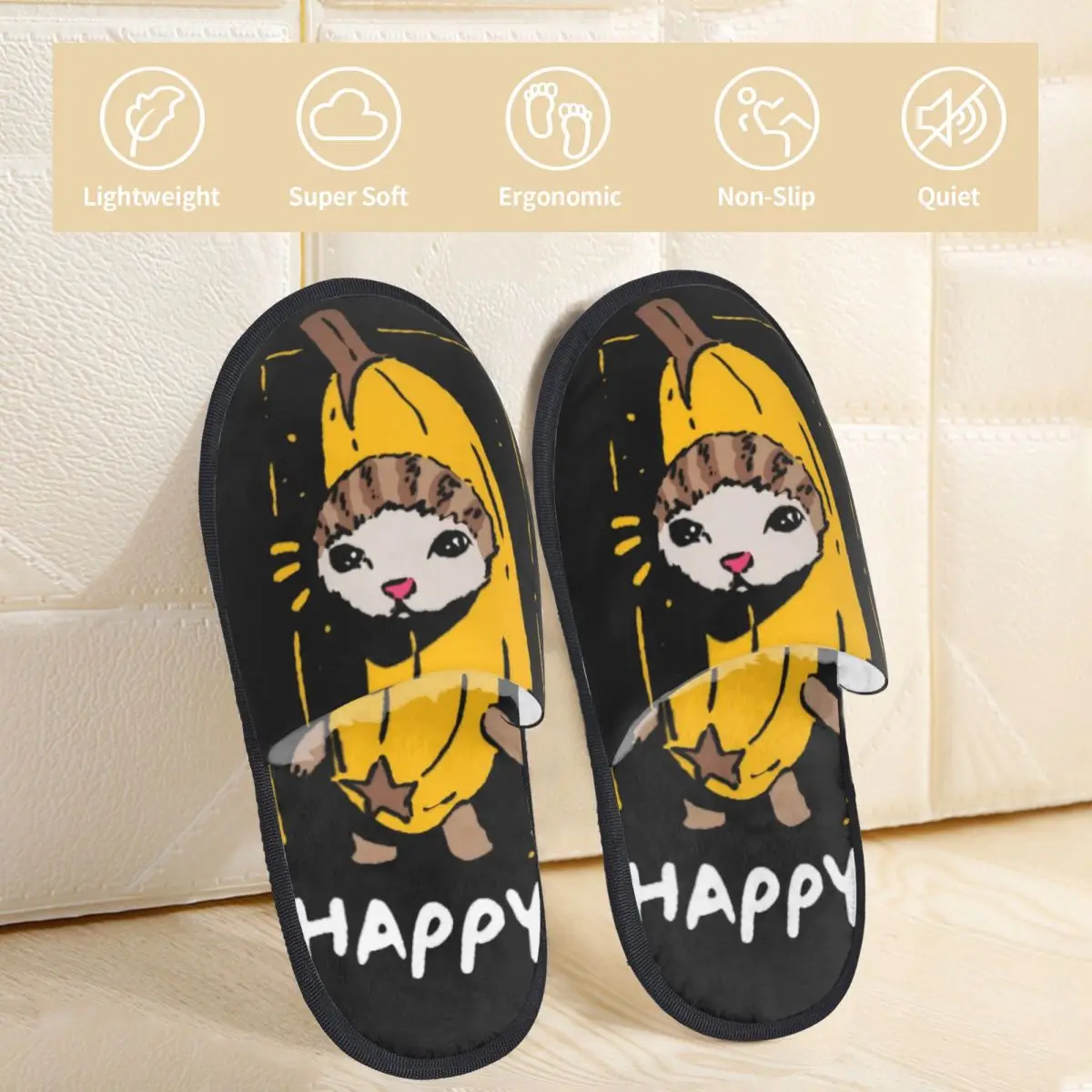 Women Winter House Cotton Slippers Happy Banana Cat Funny Meme Merch Household Fur Slides Slippers Bedroom Cozy Non-skid Slides