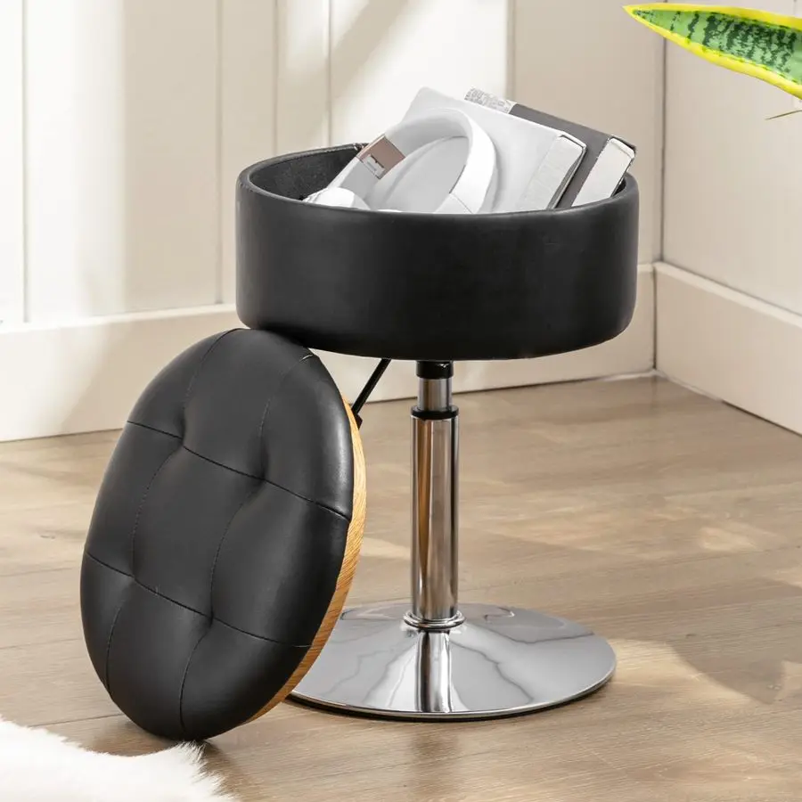 

360Swivel Vanity Stool Chair for Makeup Room, Height Adjustable Stool for Vanity with Storage, Small Black Faux Leather for Bath