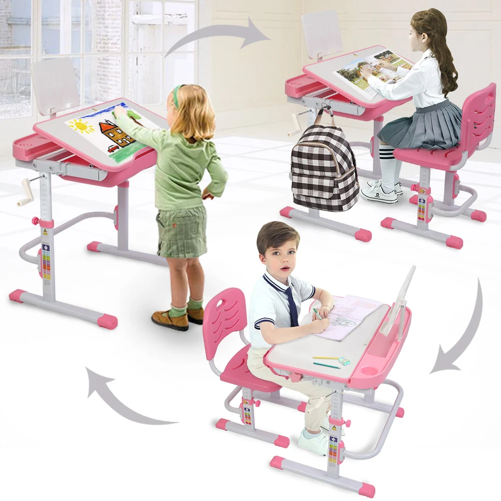 Kids Study Desk&Chair 80CM Hand-Operated Lifting Can Tilt Desktop Children Learning Table with Reading Frame 3 Colors[US-Stock]