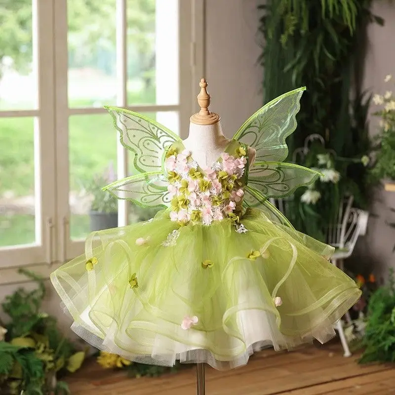 Forest style girls' dress 2026 new high-end birthday dress for little girls, princess dress, children's green fairy dress