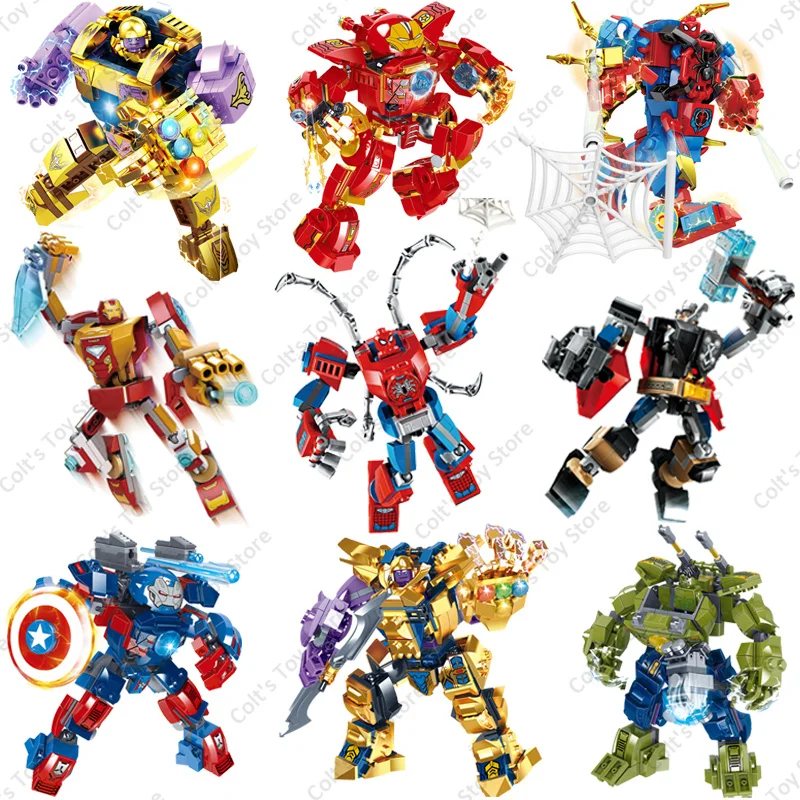 

New Spider Man Superhero Building Blocks Marvel Avengers Toys Iron Thanos Mecha Hulk Robot Model Bricks Kids Sets Assemble Gifts