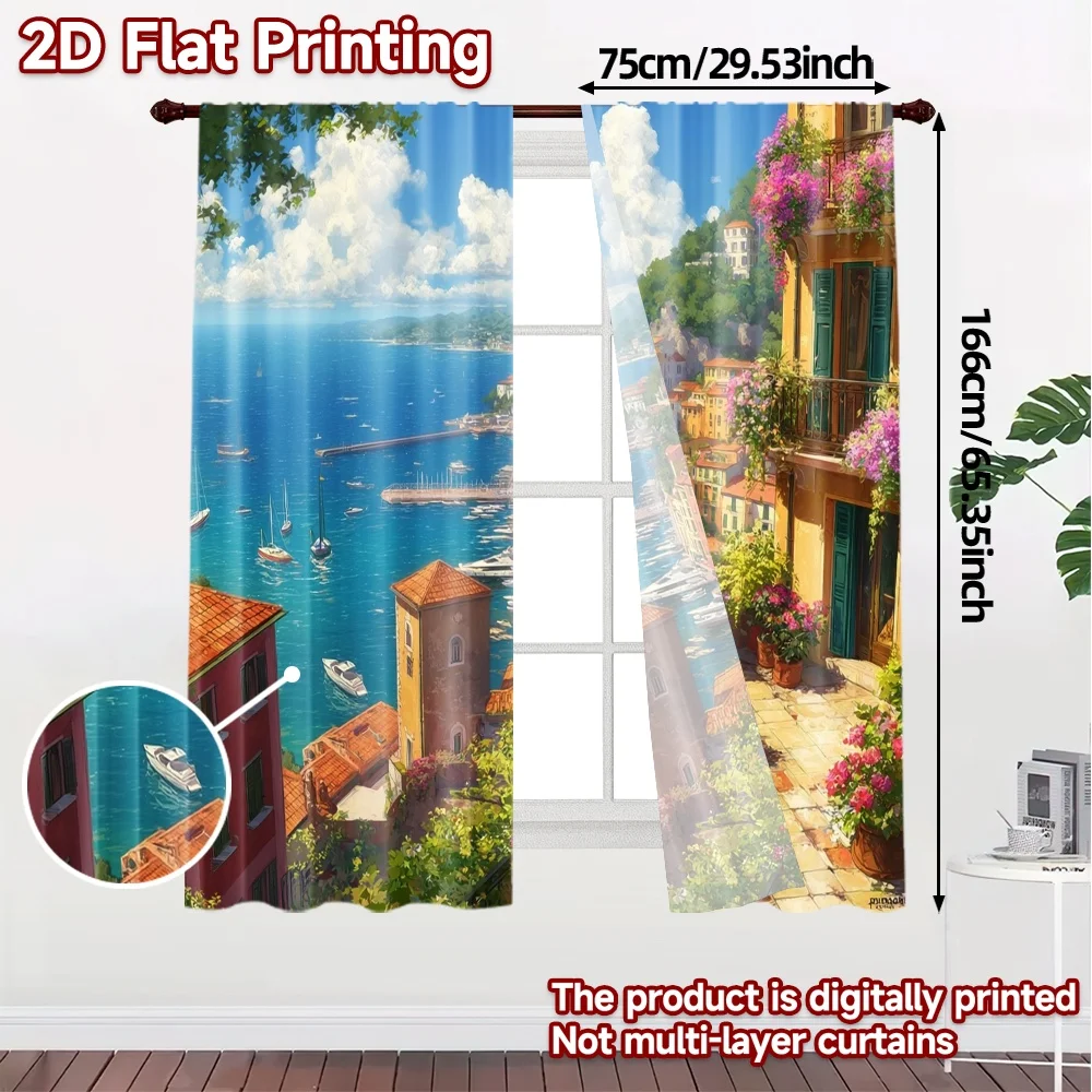 2pcs, 2D FLAT PRINTING Curtains (Without Rod) Coastal Paradise Popular Fashionable Curtains Versatile Fabric Curtains Versatile