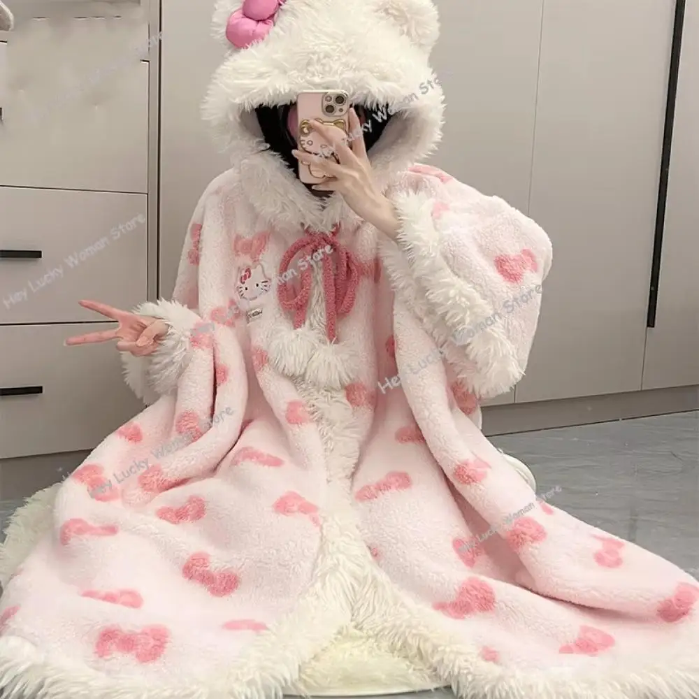 

Новые пижамы Hello Kitty, женские коралловые бархатные зимние милые модные утолщенные теплые кавайные студенческие розовые плащи, ночная рубашка, одежда для дома