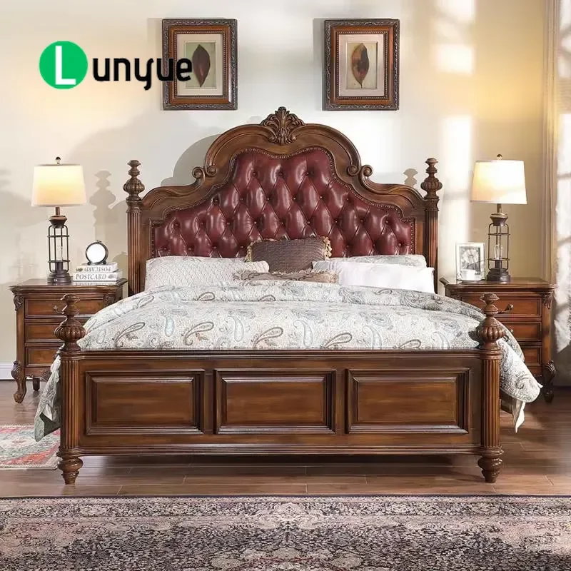 Luxury American Style Pine Leather Bed European Design Durable Customizable Size Elegant Master Bedroom Villa Wedding