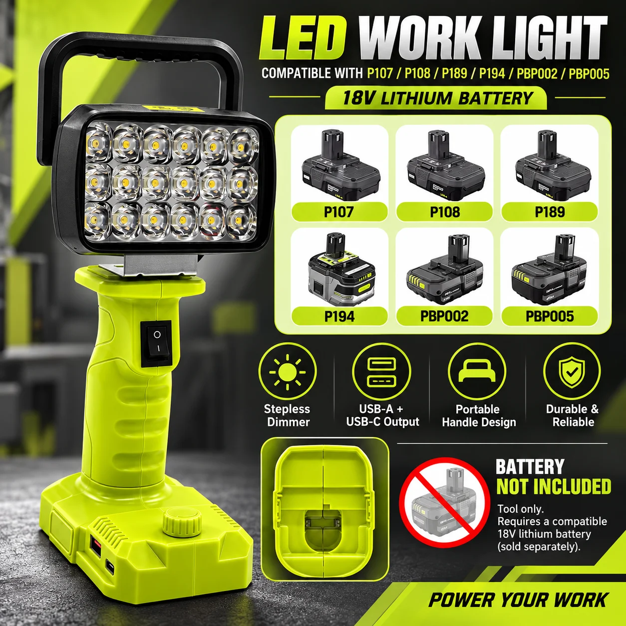 For Ryobi 18V Battery 18LED Work Light 1500LM Portable Camping Lantern Spotlight with USB Type-C Output, Battery Not Included