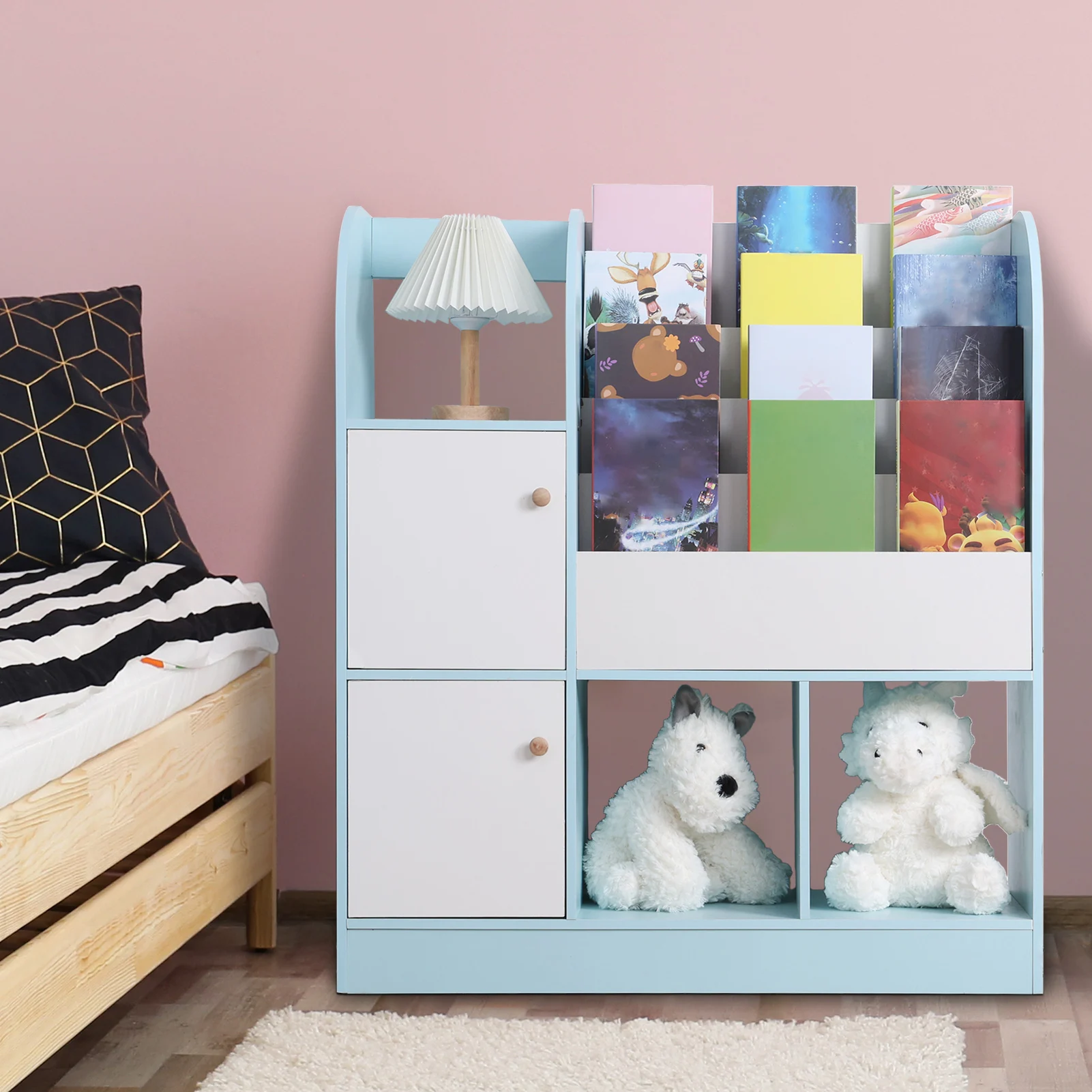 Multifunctional Bookcase with 4-Tiers Book Slots, 3 Open Shelves and 2 Drawers, Bookcase Display Stand, Toy Stor