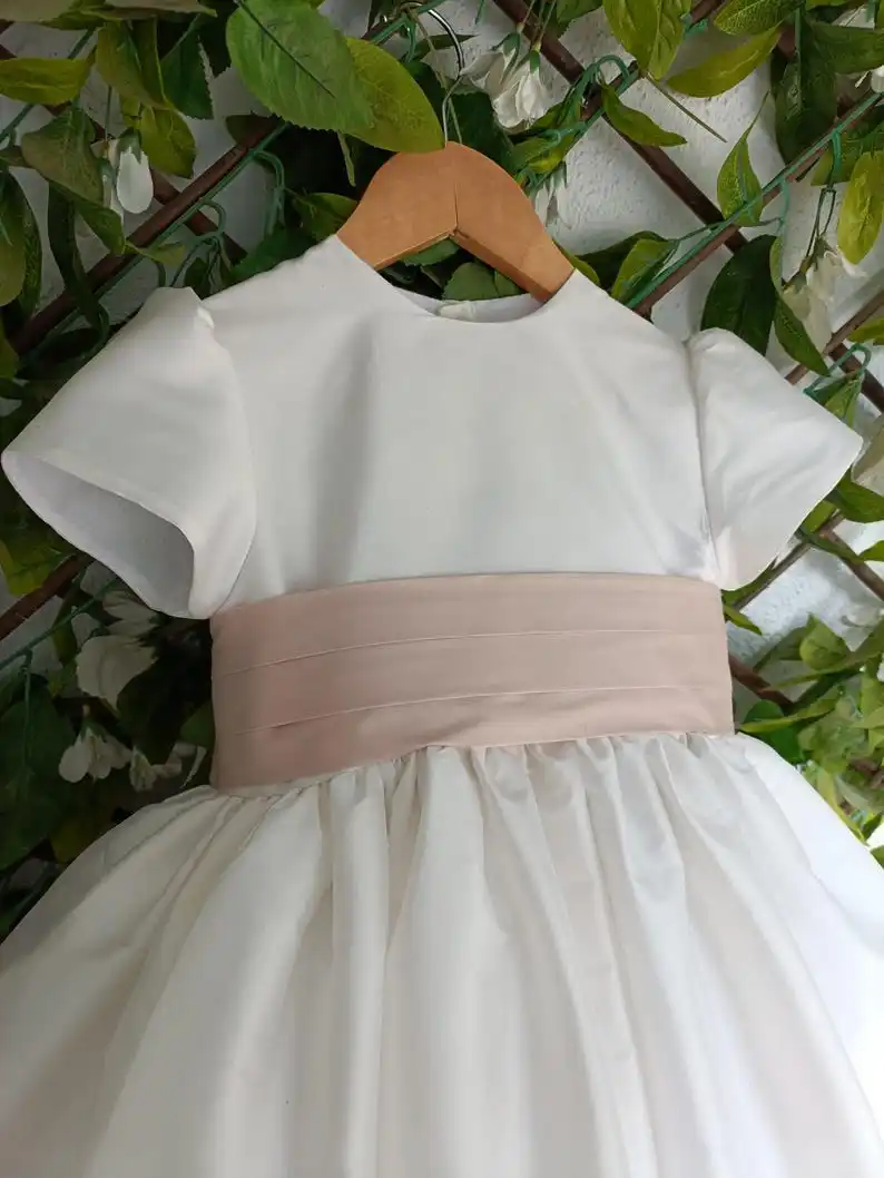 T-length Flower Girl Dress Classic Ivory Silk Sash and Big Bow Puffy Straight Sleeves. Under Petticoat, Girl Wedding Dress