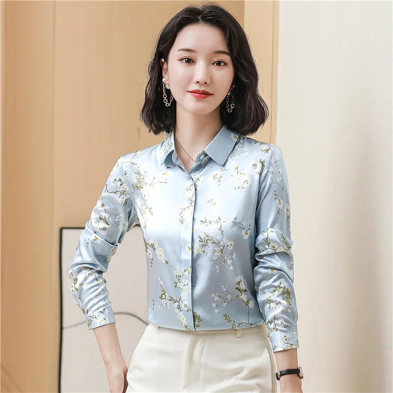 S-4XL White Flower Women\'s Satin Silk Shirt Blouse Korean Fashion Long Sleeve Print OL Work Shirt Elegant Female Tops Clothing