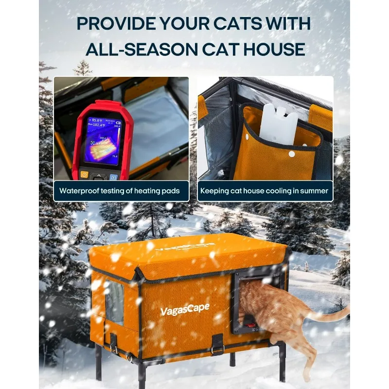 Heated Cat House for Outside 100% Waterproof Safe Two-Way Lock Door Insulated Outdoor Weatherproof Elevated Cat Shelter