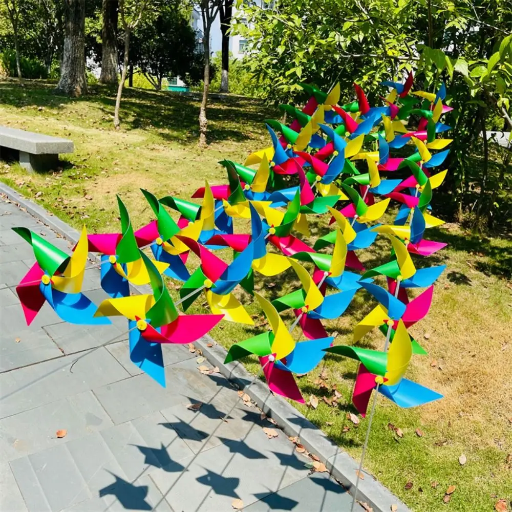 10pcs/set with Rope Strings Colorful Arch Corridor Windmill Colorful with Steel Wire Rope 4 Leaves Pinwheels Pure Color 21/24cm