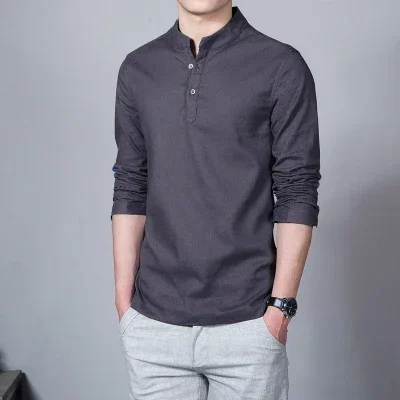 Herren bekleidung Herren Spring Tops & T-Shirts Herrenmode T-Shirts Stehkragen Langarm Slim Base Shirt Homme Leinen T-Shirt