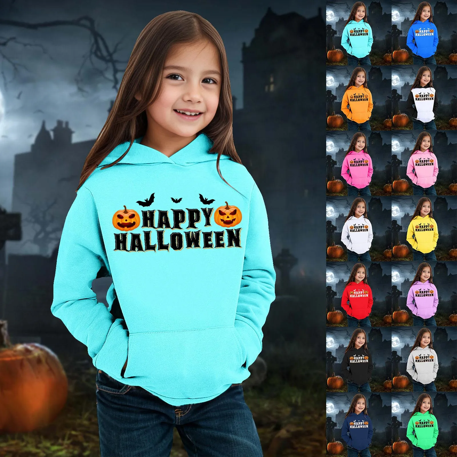 Halloween Kids Pumpkin Print Hooded Top Sweatshirt Pullover Childrens Monogram Print Hoodie Hip Hop Long Sleeve Streetwear