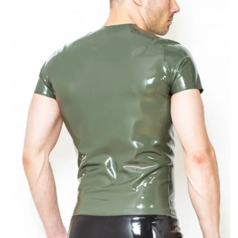 Free Shipping Men's Rubber Latex Short Sleeves T-Shirt Army Green Rubber Tops Short Sleeves Polo Shirt Handmade