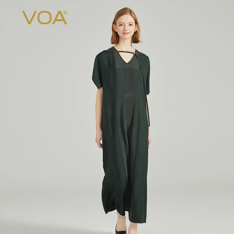 

VOA Real Silk Spliced Dark Green V-neck Sleeveless Loose Dresses Women Elegant Embroidered Flares Casual Silk Long Dress AE2039