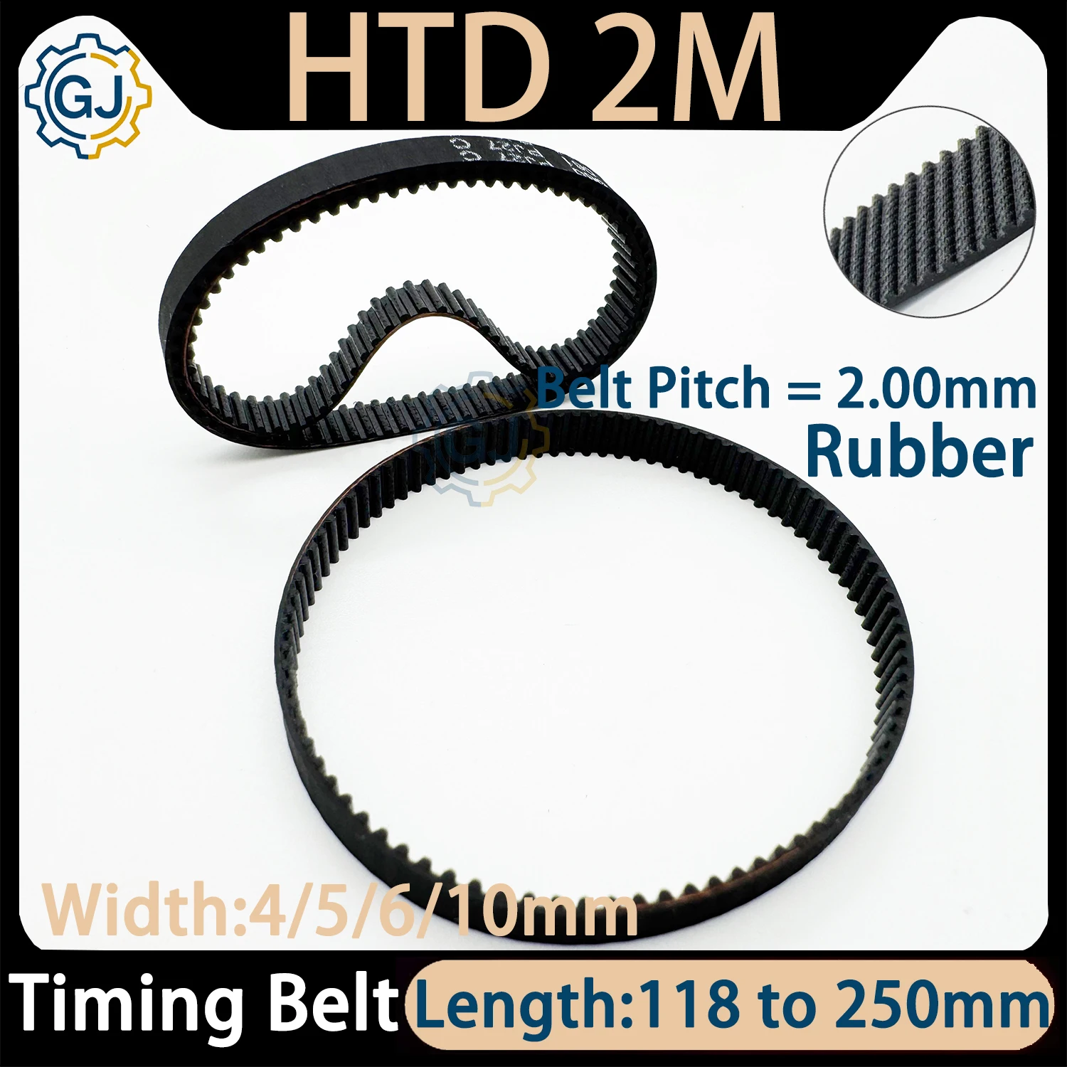 HTD 2M 142mm Antriebszahnriemen 2M Zahnriemen Breite 4 5 6 10mm Riemenlänge 118mm bis 250mm HTD2M Geschlossener Gummi-Zahnriemen