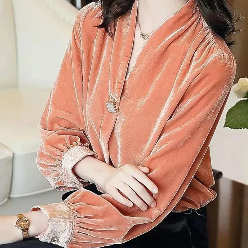 Korean Solid Color Pleuche Blouse Commute Women\'s Clothing Long Sleeve 2023 Autumn Winter Elegant V-Neck Chic Button Loose Shirt