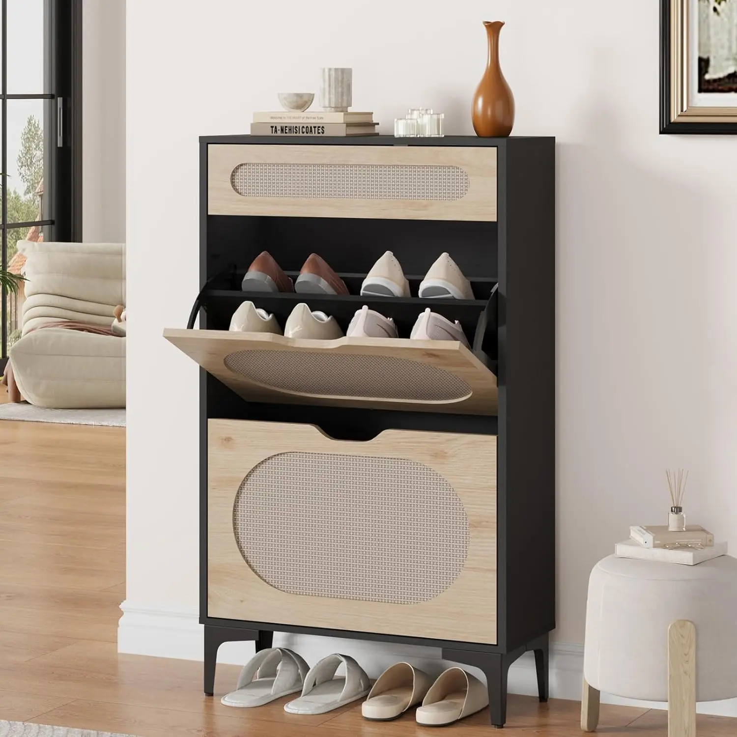 

Rattan Shoe Cabinet with 2 Flip Drawers and 1 Pull-Out Drawer, Free Stand Shoe Storage Cabinet, 3 Adjustable Shelf, Narrow Shoe
