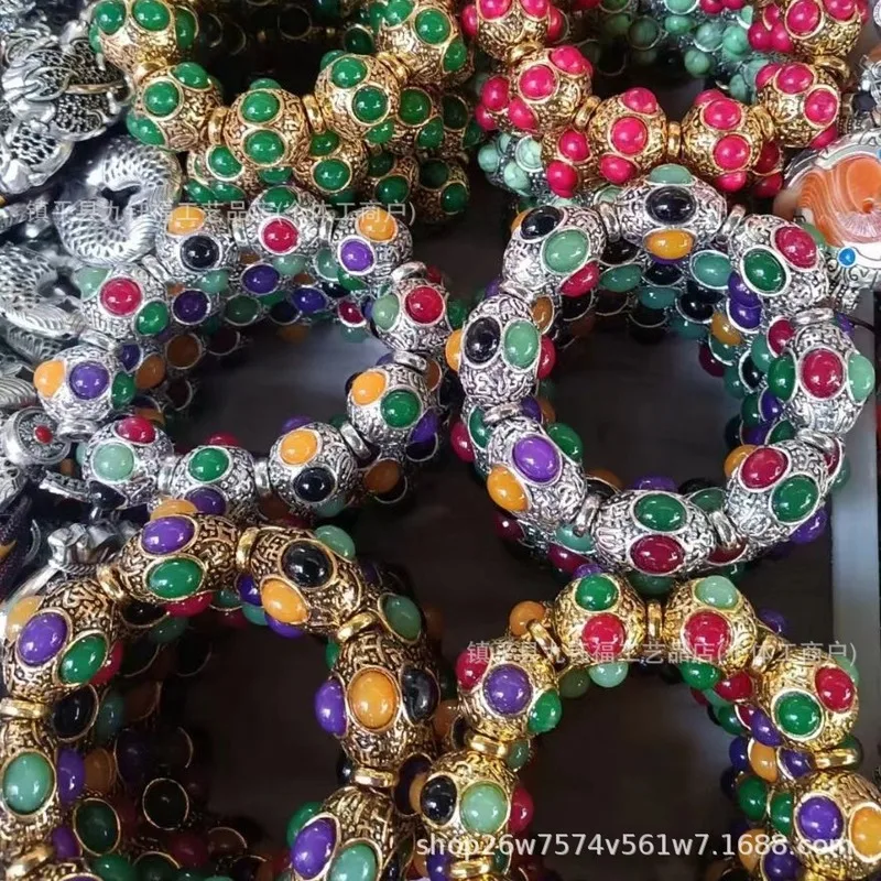 Tibetan Inlaid With Multicolored Jade Multi-Treasure Bracelet Men And Women, Miao Silver Jewelry
