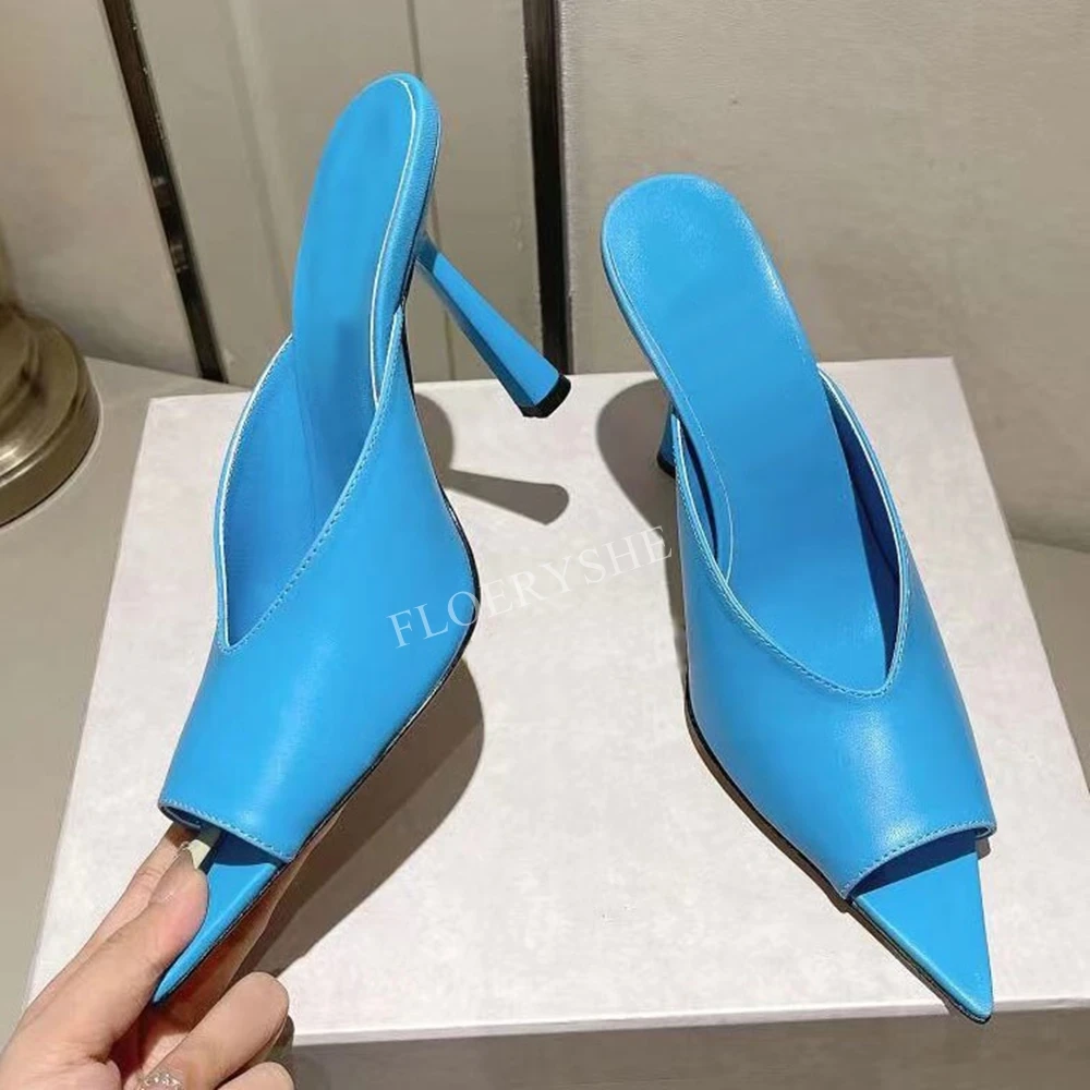 

Blue Solid Pointed Toe Slippers New Arrival Women Thin High Heel Comfortable Party Plus Size Dress Shoes