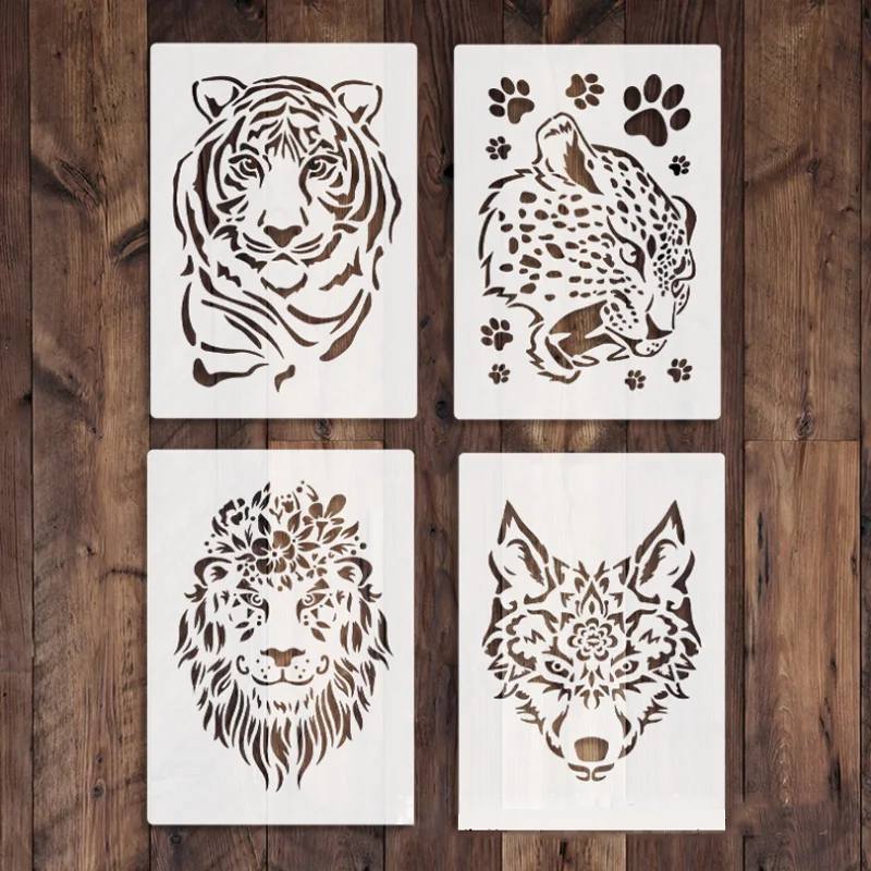 stencils reutilizaveis para decoracao de parede pintura modelo com leao tigre lobo leopardo para scrapbook coloracao gravacao grafite faca voce mesmo 21x297cm 01