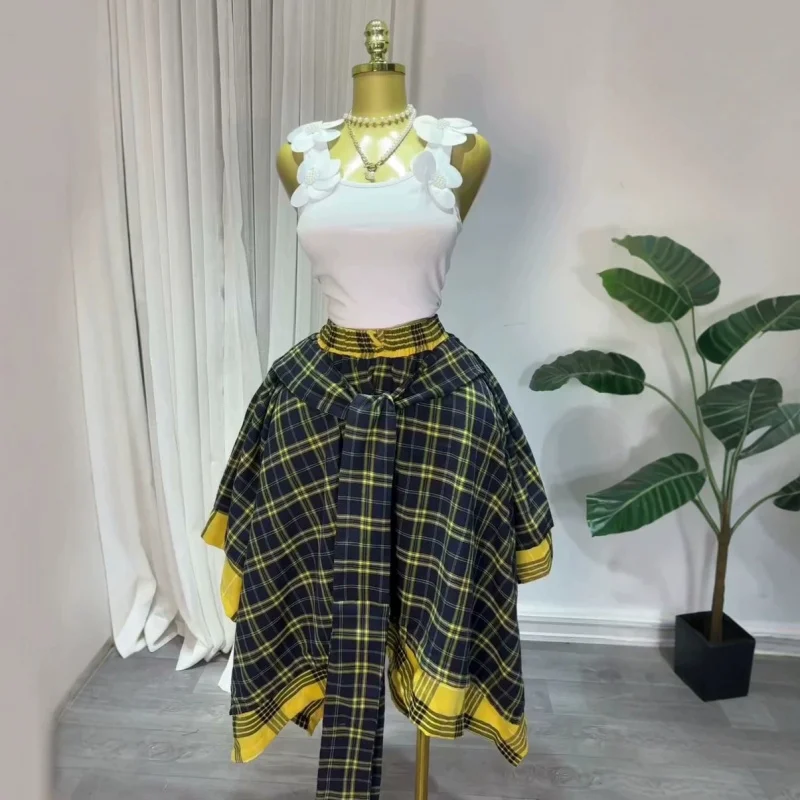 Women's 2026 Summer New High-Waisted Checkered Strap Irregular Design Feeling A-Line Skirt