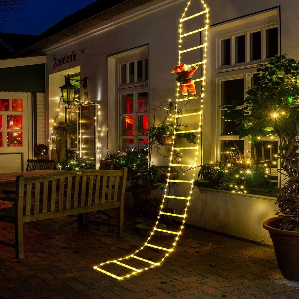 Escalera de escalada de Papá Noel de 1,7 M/3M, luz cálida, decoración navideña para el hogar, jardín al aire libre, adorno de árbol de Navidad, regalo de Año Nuevo