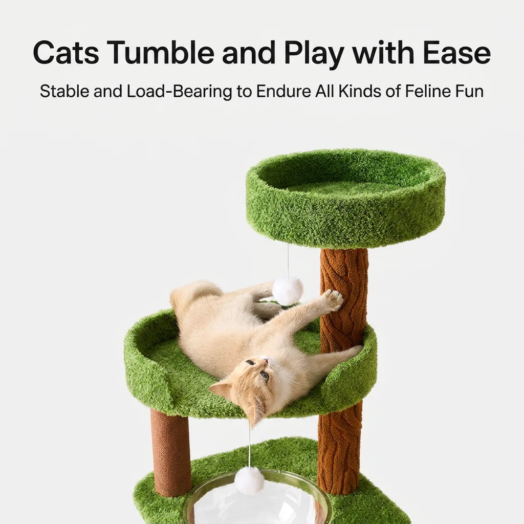 Durable Wood Frame Cat Tree Integrated Nest Multi-Layer Design Anti-Slip Surface Stable Base Easy Assembly Large Space Safe Cats